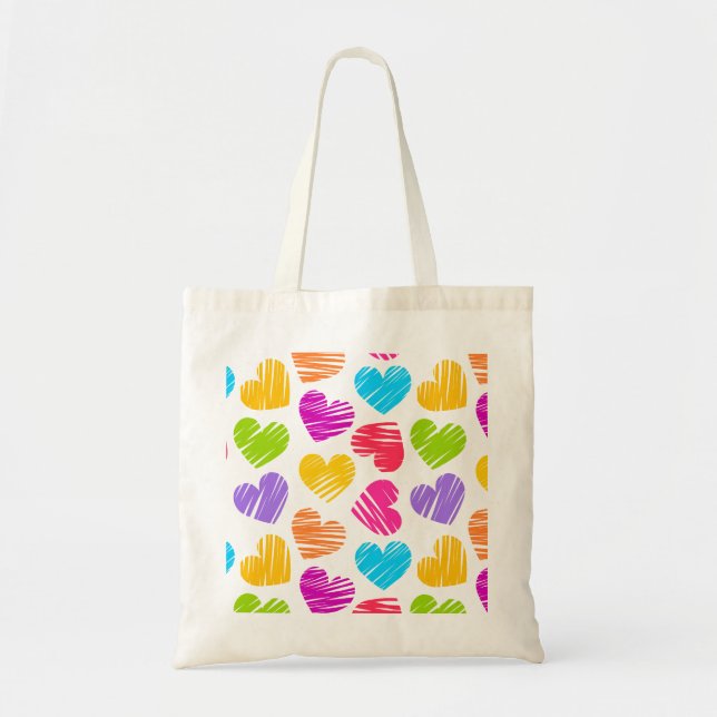 Modern and Girly Vibrant Doodled Hearts Pattern Tote Bag (Front)