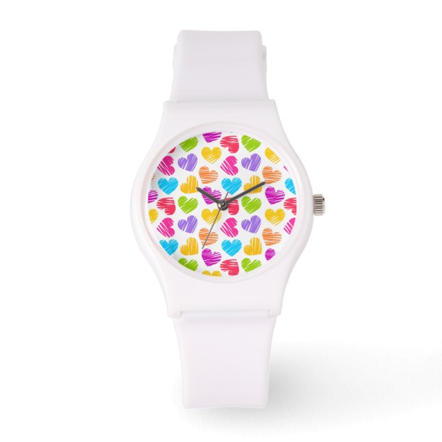 Modern and Girly Vibrant Doodled Hearts Pattern Watch (Front)
