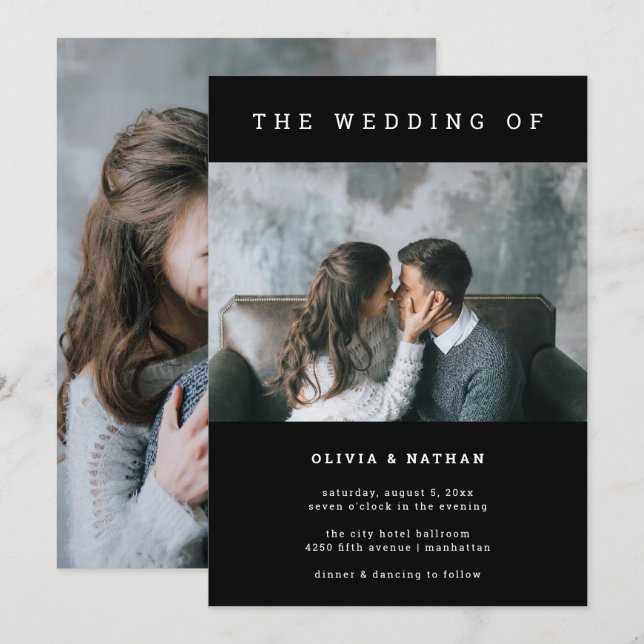 Modern and Minimal Black | Two Photo Wedding Invitation (Front/Back)