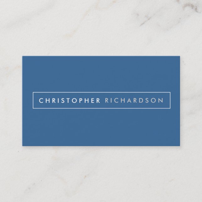 MODERN and MINIMAL Boxed Name Logo on Blue Business Card (Front)