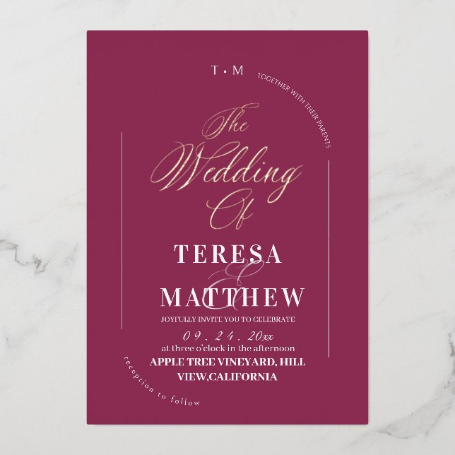 Modern and Minimal Fuchsia Wedding Photo  Foil Invitation (Front)