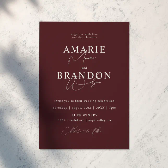 Modern And Minimal Wine Red Wedding Invitation Zazzle 