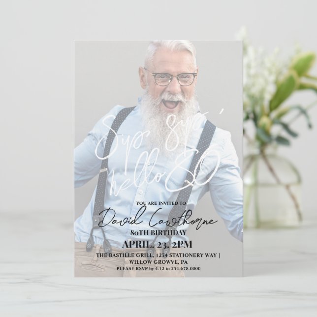 Modern and minimalist 80th Photo Birthday  Invitation (Standing Front)