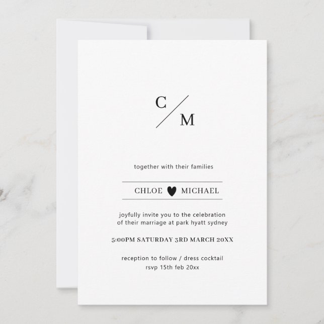 Modern and minimalistic initial love heart wedding invitation (Front)