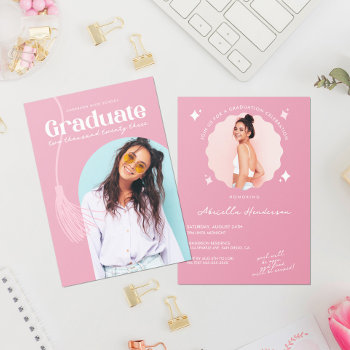 Modern And Retro Pink Graduation Invitation by DBDM_Creations at Zazzle