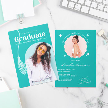 Modern And Retro Teal Graduation Invitation by DBDM_Creations at Zazzle