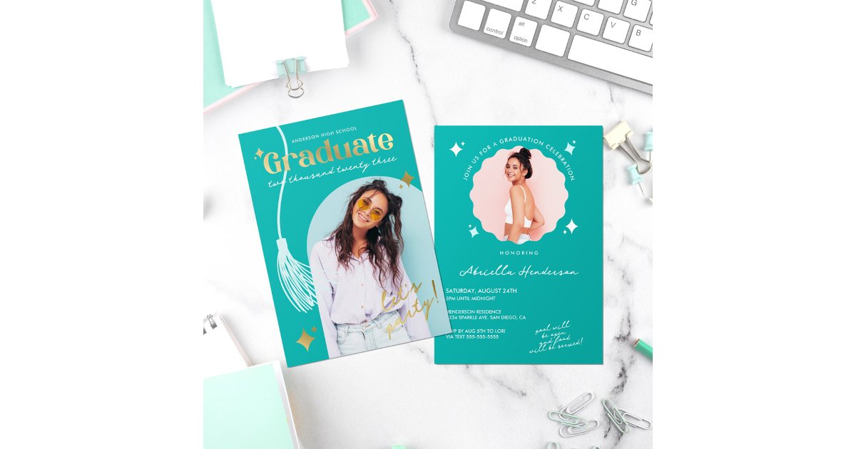 Modern and Retro Teal Sparkle Graduation Foil Invi Foil Invitation | Zazzle