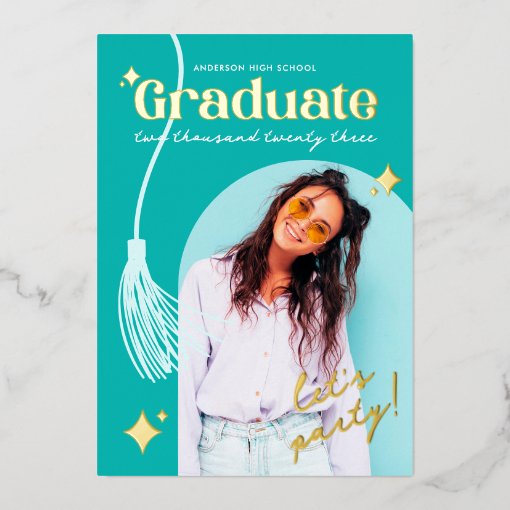 Modern and Retro Teal Sparkle Graduation Foil Invi Foil Invitation | Zazzle