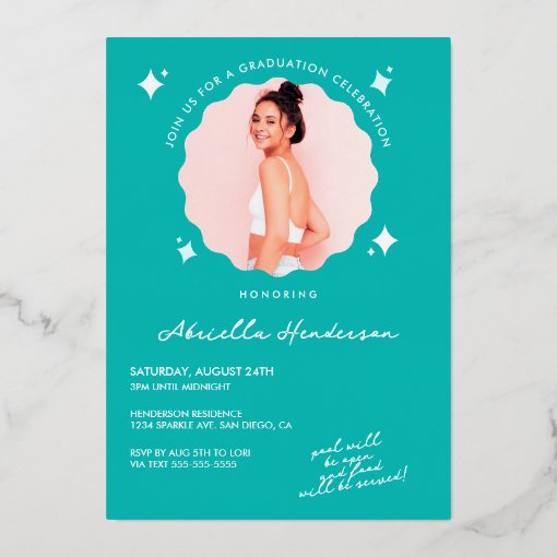Modern and Retro Teal Sparkle Graduation Foil Invi Foil Invitation | Zazzle