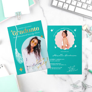 Modern and Retro Teal Sparkle Graduation Foil Invi Invitation
