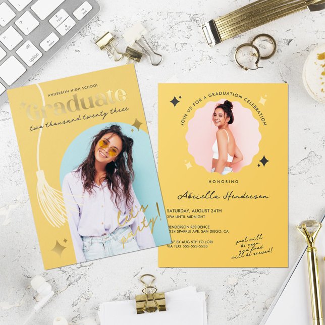 Modern and Retro Yellow Sparkle Graduation Foil Invitation (Creator Uploaded)