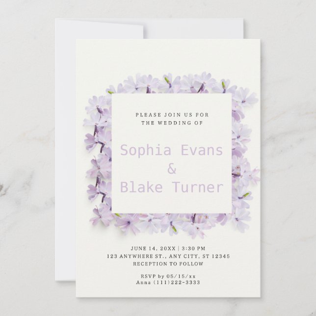 Modern and Rustic Delicate Purple Floral Wedding Invitation (Front)