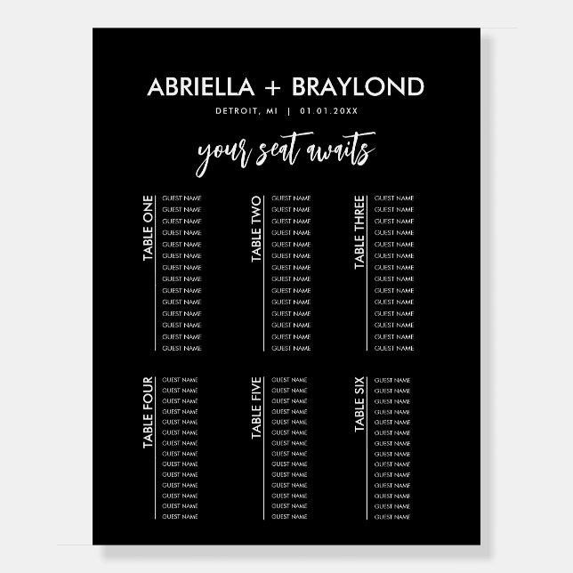 Modern and Simple 6 Table Wedding Seating Chart Foam Board