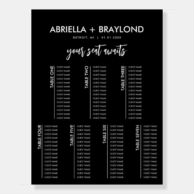 Modern and Simple 7 Table Wedding Seating Chart Foam Board (Front)