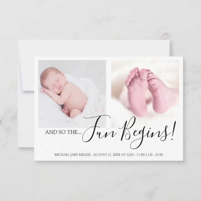 Modern And so the Fun Begins Newborn Baby Announcement (Front)