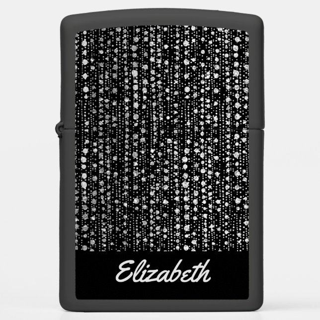 Modern and Stylish Black and Silver Sparkle Name Zippo Lighter (Front)