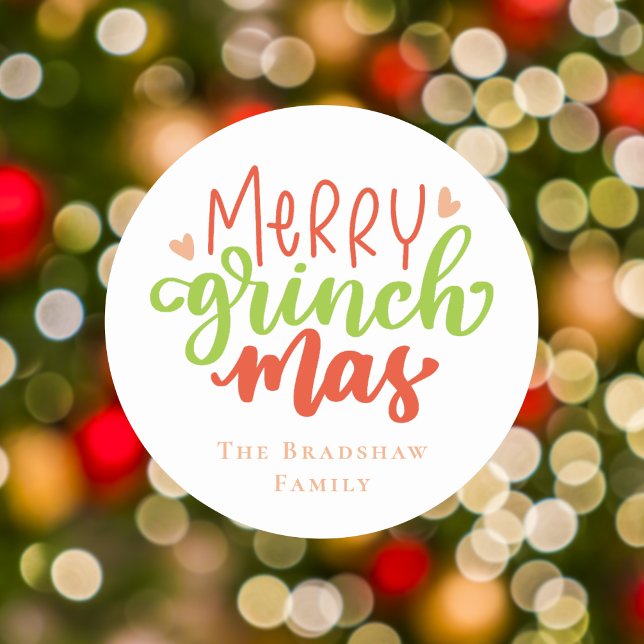 Modern and Trendy Merry Grinchmas Personalized Classic Round Sticker (Creator Uploaded)