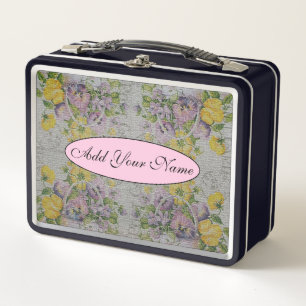 Modern And Vintage Floral Add Your Text Metal Lunch Box