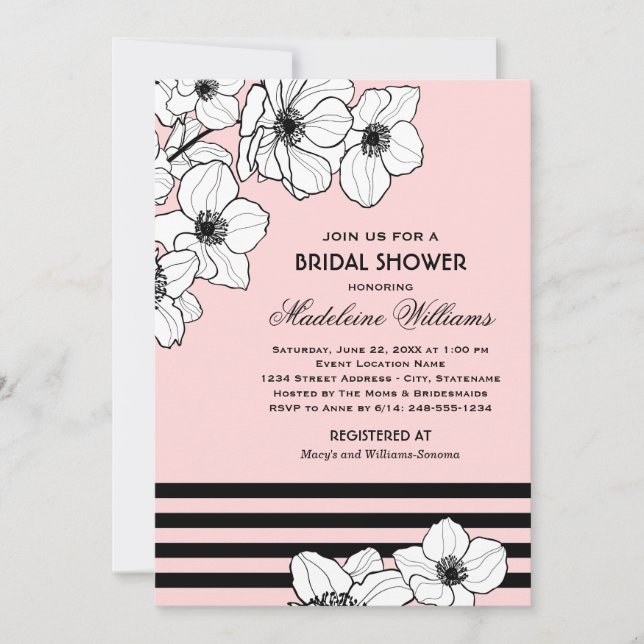 Modern Anemone Sketch Pink Wedding Shower Invitation (Front)
