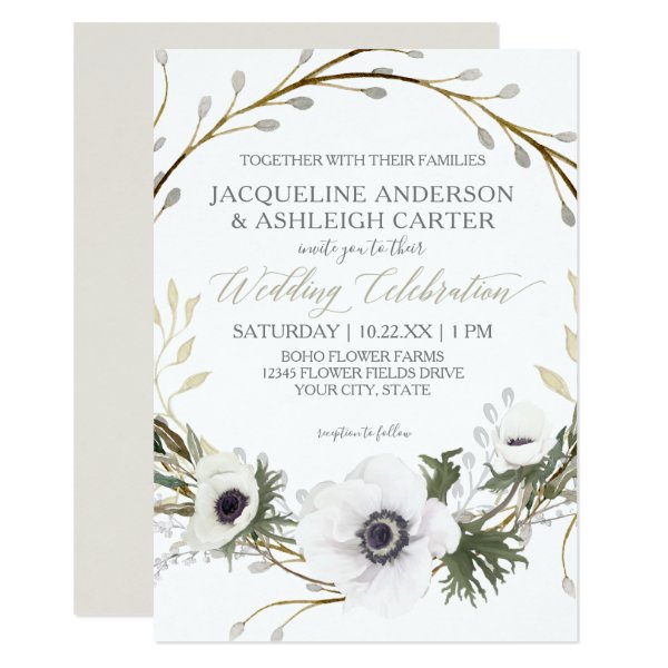 256598341307727689 Modern Anemone Twig Fern Eucalyptus Wreath Wedding Invitation