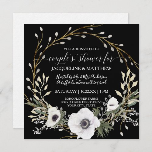 Modern Anemone Wreath Black White Couples Shower  Invitation