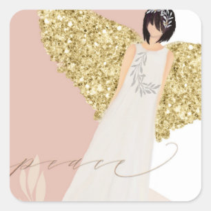 Modern Angel Gold Sparkly Wings Typography Peace Square Sticker
