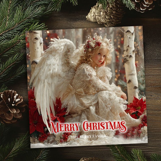 Modern angelic angel red gold festive radiation  holiday card (Modern angelic angel red gold festive radiation card)