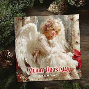 Modern angelic angel red poinsettias chic greeting holiday card