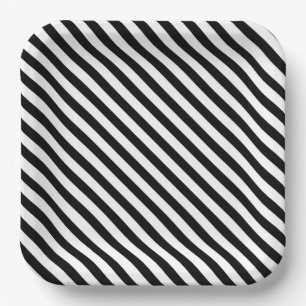Modern Angled Black and White Stripes Paper Plates