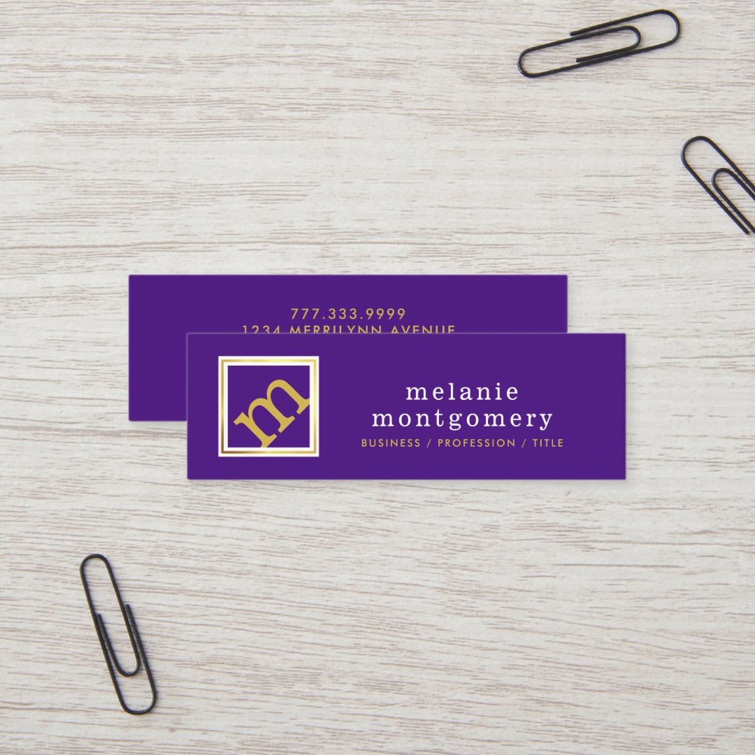 Modern Angled Monogram, Editable Purple and Gold Mini Business Card ...