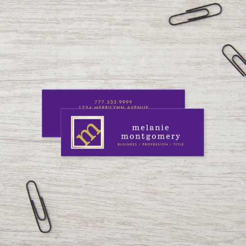 Modern Angled Monogram Editable Purple and Gold Mini Business Card