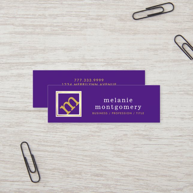 Modern Angled Monogram, Editable Purple and Gold Mini Business Card (Front/Back In Situ)