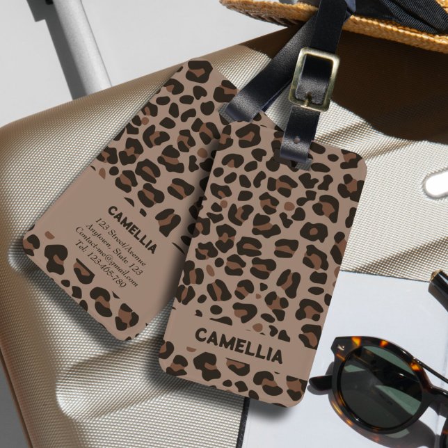 Modern Animal Leopard Skin Dark Brown Luggage Tag (The modern fashion custom luggage tag with pattern of leopard skin in dark brown and black. )