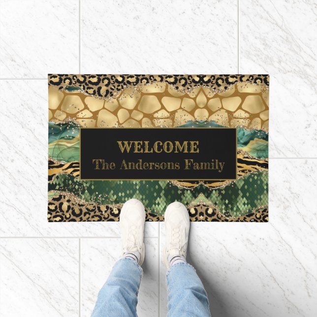 Modern Animal Print Agate Welcome Family Name Doormat (Indoor)