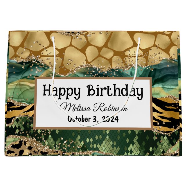 Modern Animal Print Glitter Happy Birthday  Large Gift Bag (Front)