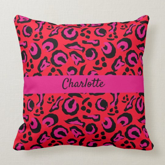 Modern Animal Skin Pink Red Black Leopard Pattern Throw Pillow