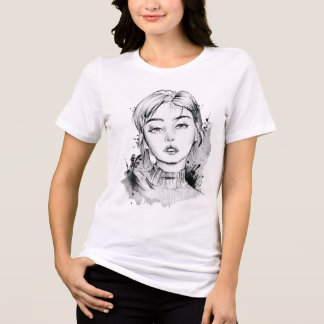 Modern Anime Girl Ink Splatter Sketch Portrait Tri-Blend Shirt