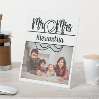 Modern Anniversary Mr and Mrs monogram photo Pedestal Sign