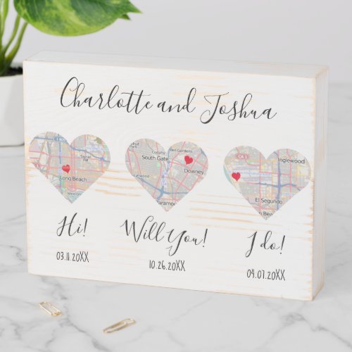 Modern anniversary names love couples maps wooden box sign