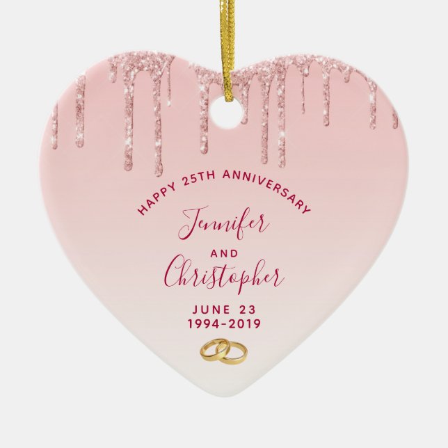 Modern Anniversary Pink Glitter Drips Ceramic Ornament (Front)