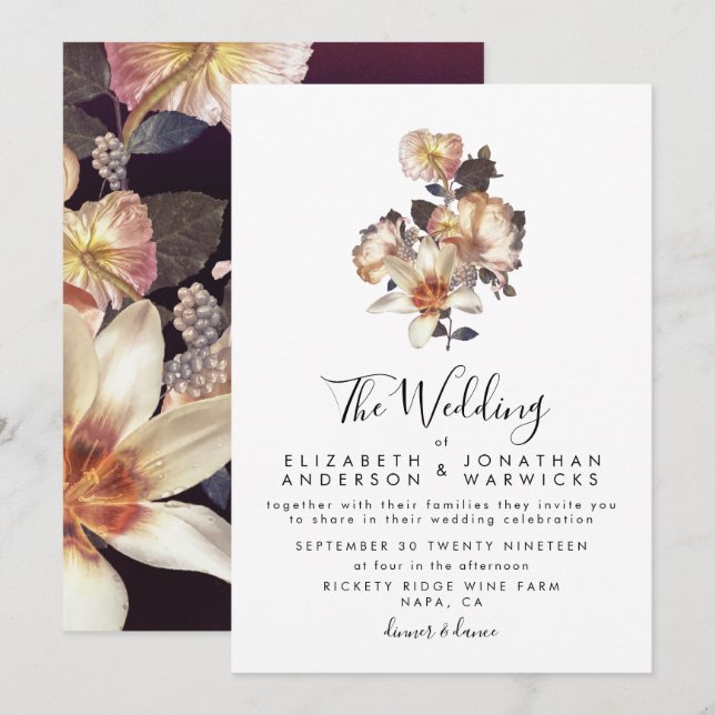 Modern Antique Vintage Floral Wedding Invitation (Front/Back)