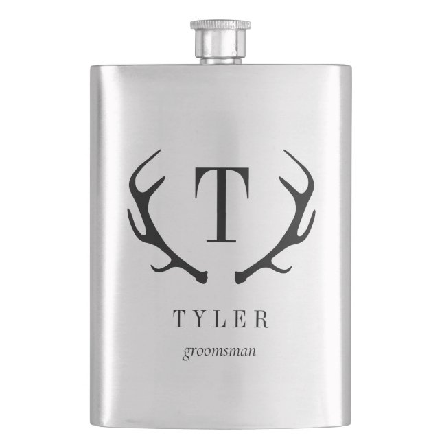 Modern Antler Personalized Bridal Party Gift Flask (Front)