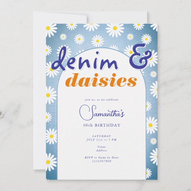 Modern Any Age Arch Denim Daisies Summer Birthday Invitation (Front)