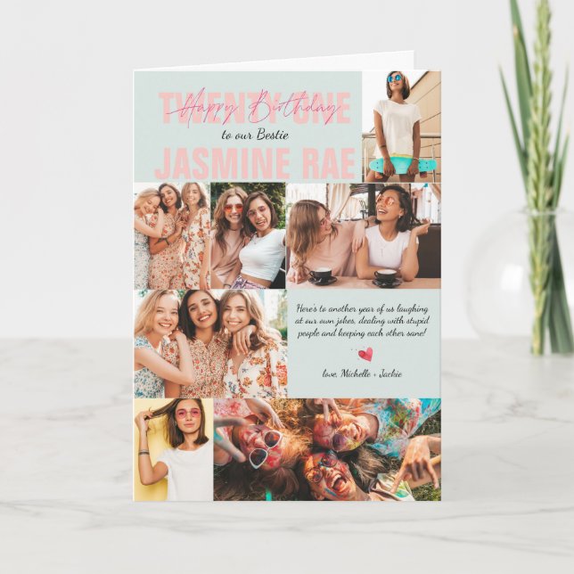 Modern Any Age Birthday | 7 Photo Collage Card (Front)