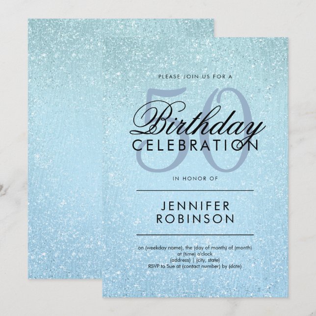 Modern Any Age Birthday Blue Glitter Paint Look Invitation (Front/Back)