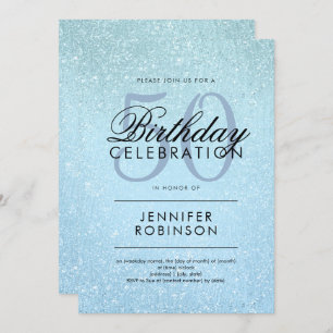 Modern Any Age Birthday Blue Glitter Paint Look Invitation