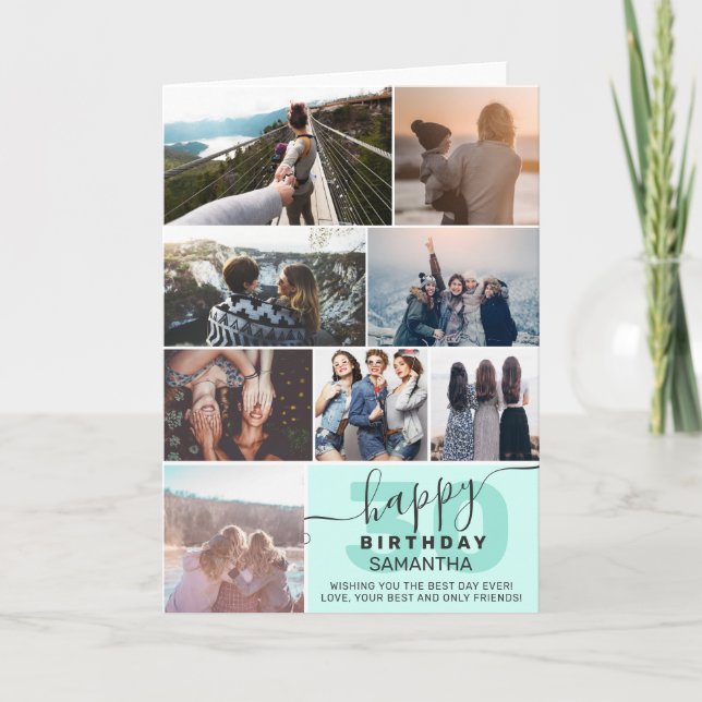 Modern any age birthday mint 8 photos collage card (Front)