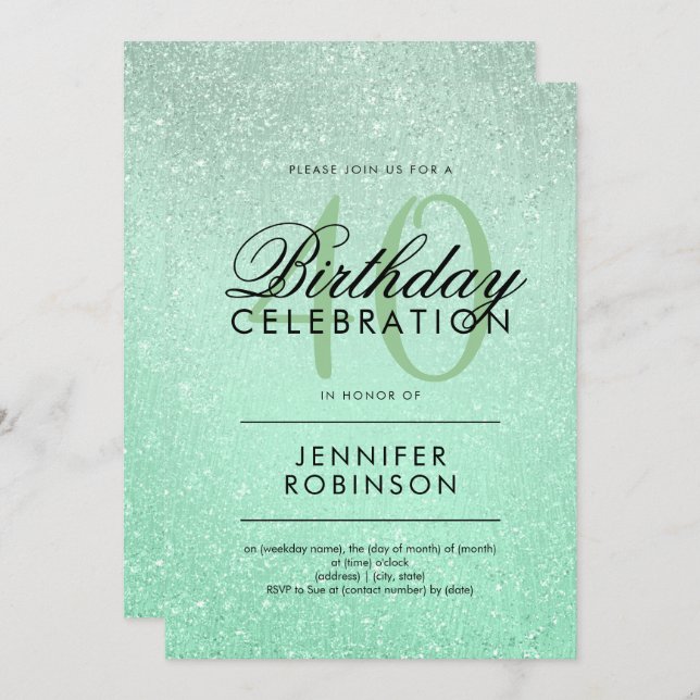 Modern Any Age Birthday Mint Glitter Paint Look Invitation (Front/Back)