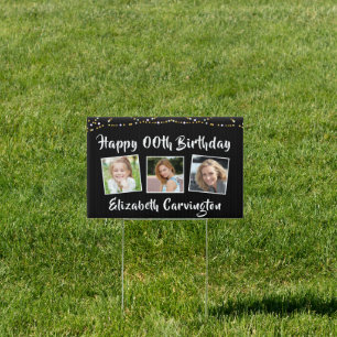 Modern ANY AGE Birthday Photo String Lights Black Sign