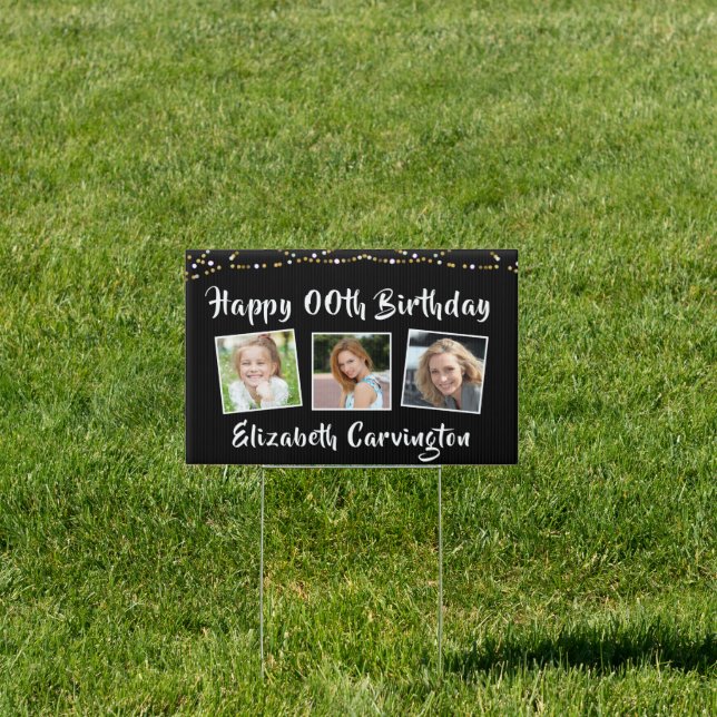 Modern ANY AGE Birthday Photo String Lights Black Sign (Insitu)